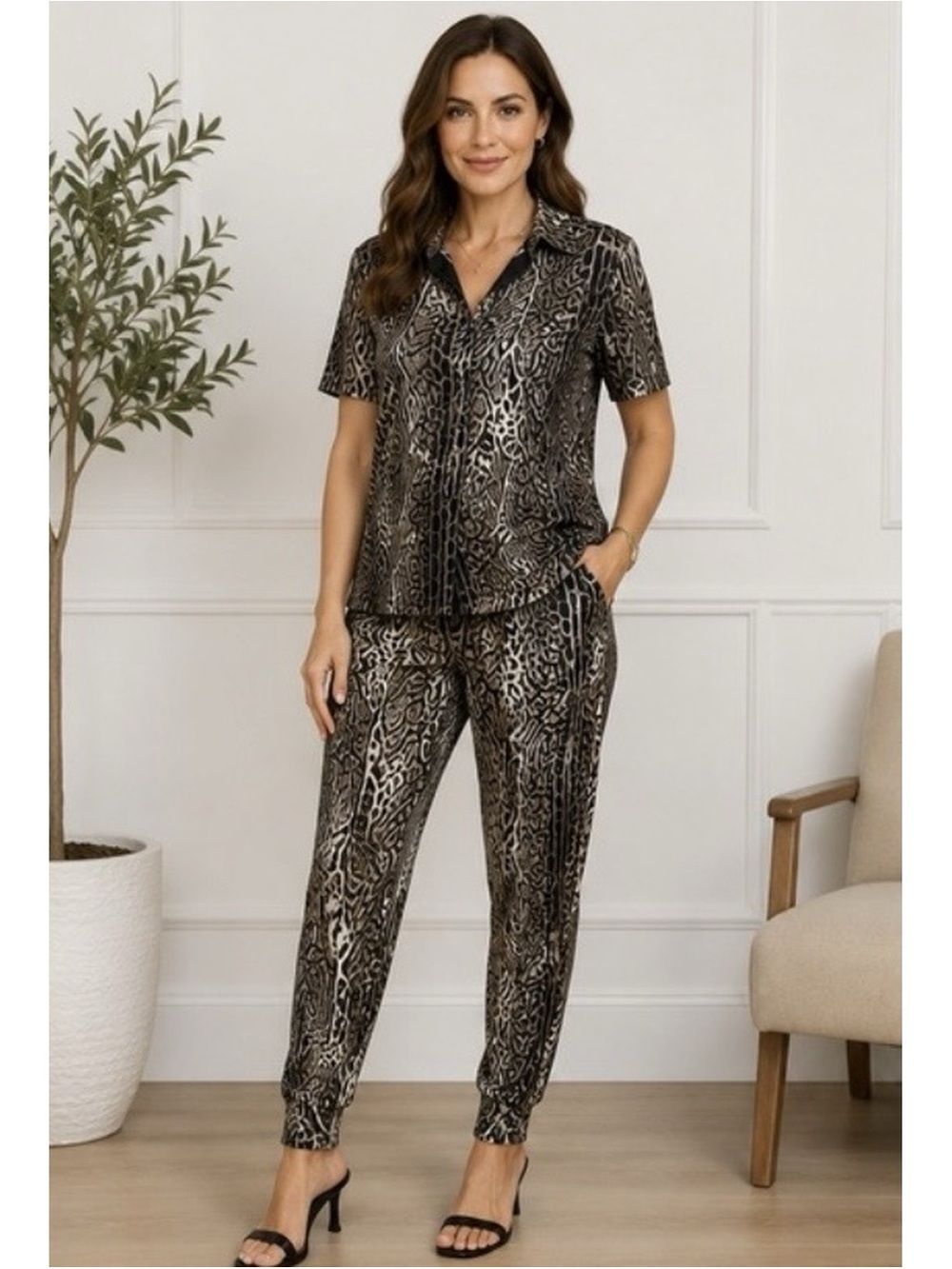 Chiara Boni Leisure 2 Pc Animal Print Shirt Pants Set XS Made Italy Designer